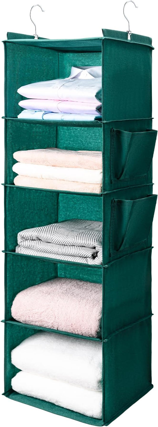 BOOMIBOO Hanging Closet Organize and Shelves，5-Hanging Shelf with 2 Side Pockets，Storage Foldable （Green）