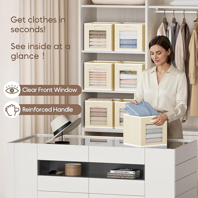Storage Baskets for Organizing - 6 Pack Cube Storge Bins, Foldable Storage Bins with Handle, Closet Organizers and Storage Baskets for Toys, Clothes, Beige