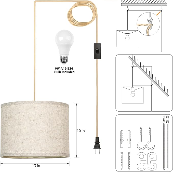 Plug in Pendant Light, Hanging Lamp with Plug in Cord, Rustic Farmhouse Hanging Lights with 3-Way Dimmable Bulb, Pendant Lights Fixtures for Kitchen Dining Room Bedroom Entryway, (Beige Shade)