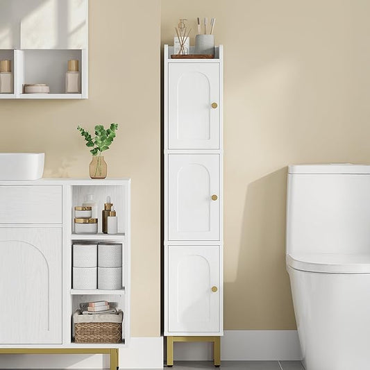 Slim Bathroom Storage Cabinet, Narrow Bathroom Organizers and Storage with 4 Adjustable Feet, Laundry Room Organization for Small Space, Kitchen, Living Room, 3 Doors White BC22313G