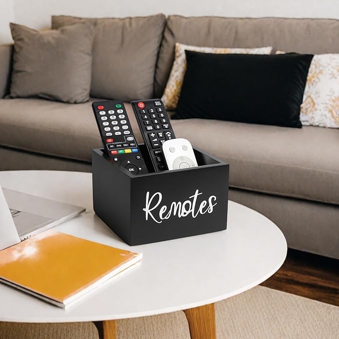 Wood Remote Control Holder, TV Remote Control Organizer for Home Bedroom Table, Multi-Purpose Desktop Storage (Black, M, for 3+ Remote Control)