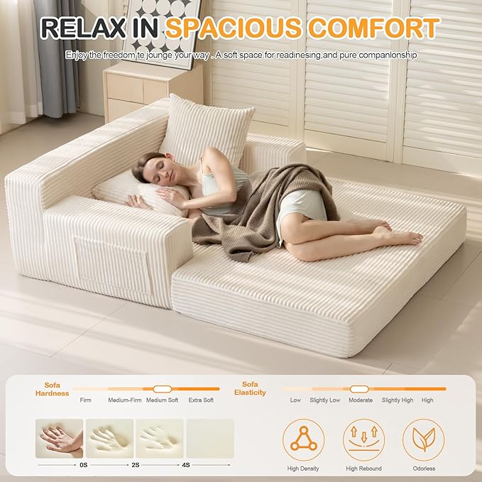 Convertible Sofa Bed, Loveseat Folding Floor Futon Sleeper Sofa Couch Bed- Boneless Foldable Couch, Corduroy Pull Out Sofa Bed with 2 Pillows for Living Room & Bedroom