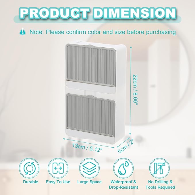 uxcell Soap Holder, 5.12 x 8.66 x 2 Inches Double Grid Wall Mounted No Drill Soap Dish for Shower, Bathroom & Kitchen - Self Draining Design Keeps Soap Dry(Gray)