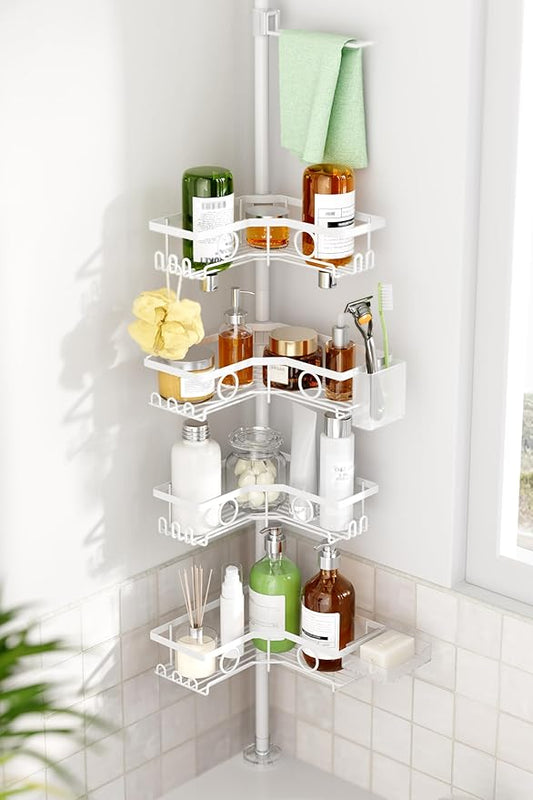 Corner Shower Caddy Tension Pole, 4 Tier Rustproof Shower Tension Rod Organizer with Soap Holder & Hooks, Adjustable 30-121 Inch Bathroom Shelf for Renters - Family Stand Storage Rack, White