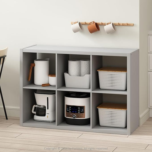 Furinno HERMITE Kitchen Island, 6-Cube Coffee Bar, Kitchen Storage, Bakers Rack, for Pantry Organizers and Storage, Kitchen Organization, Light Grey
