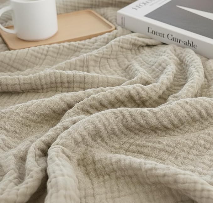 KyraHome 100% Organic Cotton Throw Blankets, 90"x90", Pre-Washed Plant Dyed, Breathable Lightweight Soft Gauze Muslin Blankets for Adults, All Season, Oatmeal Khaki