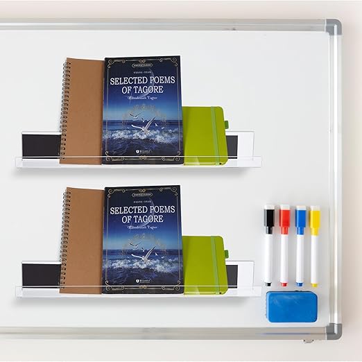 2 Pack Clear Magnetic Book Shelf for Whiteboard – Reusable Acrylic Display Shelf with Strong Magnets, Holds 8.8lbs, No Drilling Needed for Learning Places, Office, Fridge (17” x 2.2” x 2.2”)