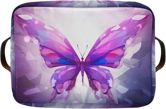 Storage Basket Purple Butterfly Rectangular Collapsible Canvas Shelves Storage Bins with Leather Handles for Shelves Home Closet Bedroom Living Room, 1Pack