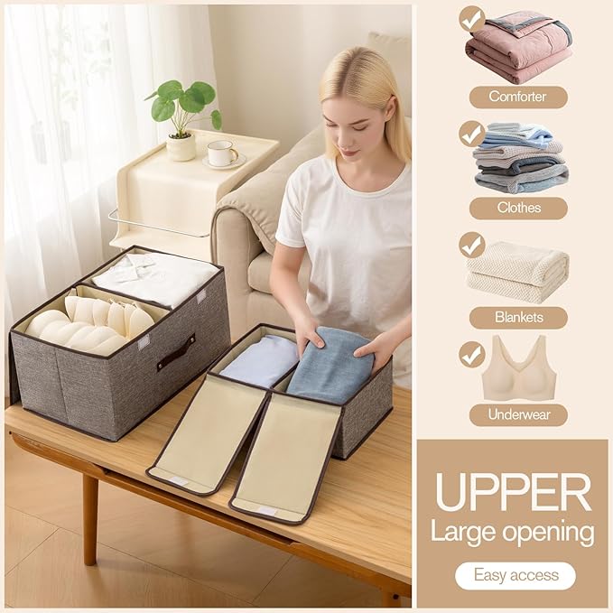 Linen Fabric Storage Bins with Lids and Dividers 2-Pack, 37.5L Collapsible Closet Organizers, Foldable Divided Boxes for Clothes, Beige Linen Closet Organization(Grey)