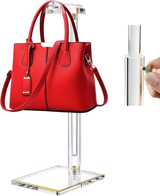 Acrylic Purse Display Stands, 14"-24" Adjustable Height Handbag Holder, Clear Purse Rack Stands for Closet Retail, Durable Gold Trim Hanging Bag Wallet Jewelry Necklace Organizer Stand(PATENT PENDING)