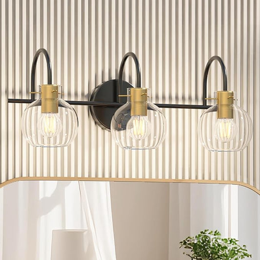 Bathroom Vanity Light Fixtures,3 Light Brushed Black Wall Sconces, Modern Bathroom Lighting Over Mirror, UL Certified with Glass Shades, Vanity Lights for Bathroom, Bedroom, Hallway