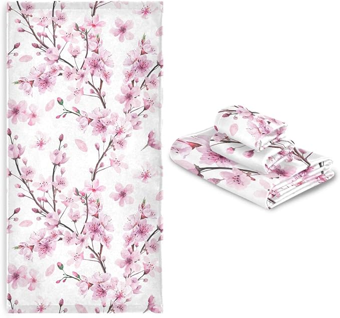 Cherry Blossoms Flowes Towels Set of 3 Watercolor Pink Floral Sakura Branch Bathroom Towel Soft Absorbent Bath Hand Towels Washcloth Guest Towel Sets Bathroom Decorations