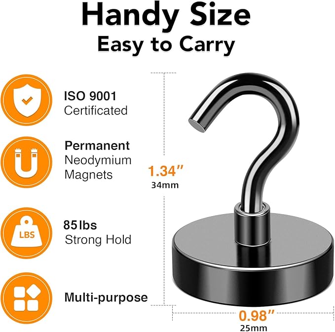 MIKEDE Magnetic Hooks, 85LB Heavy Duty Earth Magnetic with Hooks for Cruise Cabin, Black Strong Cruise Magnetic Hook for Hanging Grill, Fridge, Kitchen - Pack of 4