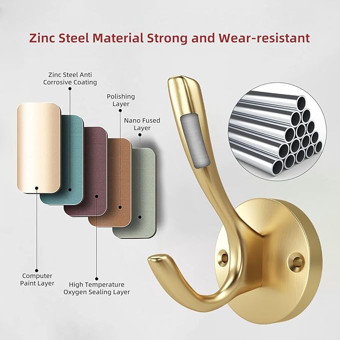 ZUONAI Gold Hooks 12 Pack Brushed Gold Wall Hooks Heavy Duty Metal Coat Hooks for Hanging Coats and Hat Hooks Wall Mounted Towel Hooks for Bathrooms