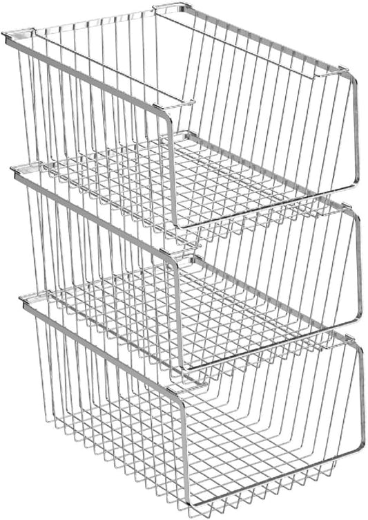 Wire Storage Baskets Stackable Refrigerator Organizer Bins Sturdy Metal Wire Bin Baskets Organization Baskets for Storage with Handles for Kitchen, Closets, Bathroom, Cabinets -Set of 3
