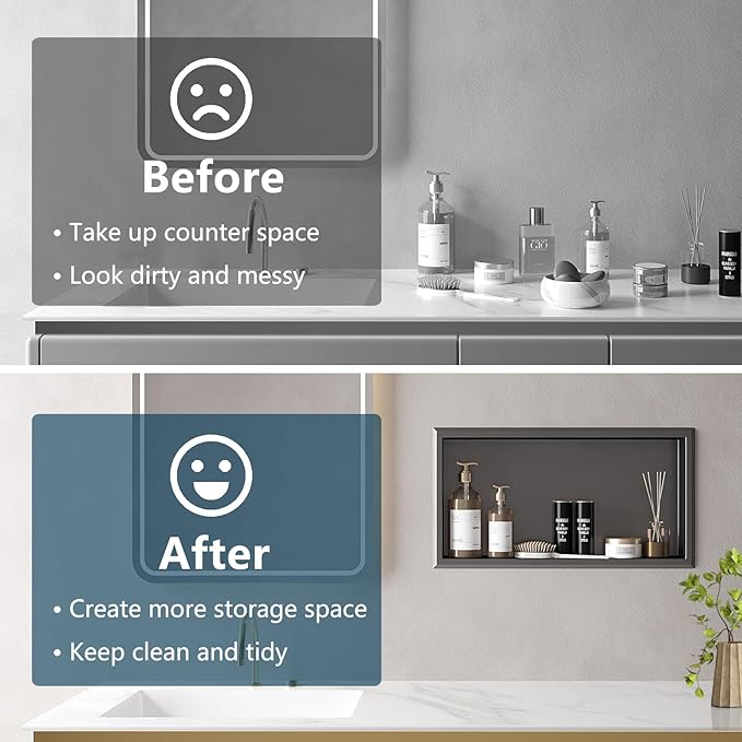 24" X 12" Shower Niche No Tile Needed, 304 Stainless Steel Recessed Wall Niche, Built-in Wall Niche Insert for Bathroom, Kitchen, Entryway, or Living Room, Gunmetal Gray