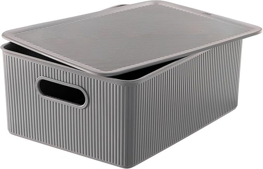 Decorative Plastic Basket Lidded Home Storage Bins Organizer Baskets, Large Grey (1 Pack - 15 Liter) Stackable Container Box, for Organizing Closet Storage Bins for Shelves - Ribbed Collection