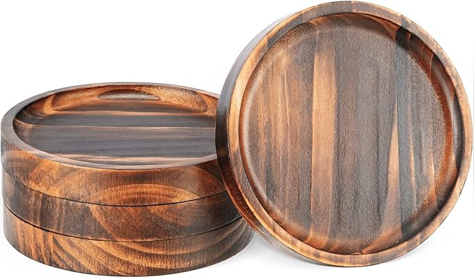 Wooden Coasters for Drinks - Natural Wood Drink Coaster Set for Drinking Glasses, Tabletop Protection for Any Table Type, Set of 4-4.3 Inches (No Holder)