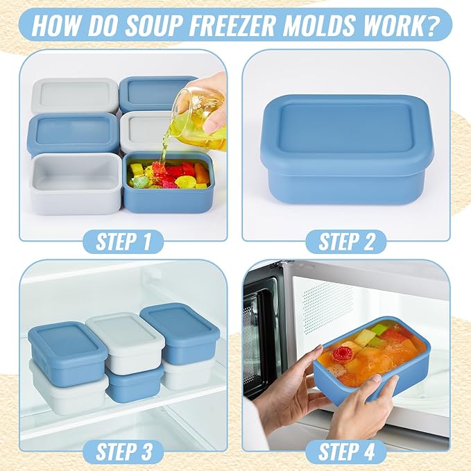 6 Packs Silicone Soup Freezer Molds with Lid Silicone Soup Freezer Trays Rectangle Reusable Food Preserving Tray Freezing Sauces Stews (Dark Blue, High-grade Gray,2 Cup)