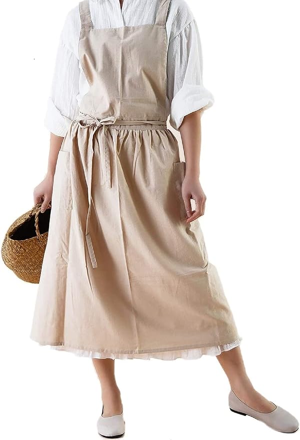 VLZUFE Women Cotton Linen Cross Back Apron with Pockets for Gardening Works Pinafore Dress