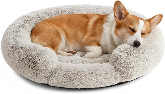 Fluffy Dog Bed Calming Donut Beds for Large Dogs Warming Round Small Medium Pet Nest Cozy Cat Mattress Indoor Washable Puppy Kennel Kittens Sleep Mat (M, 27.5×27.5 inch, Gradient Gray)