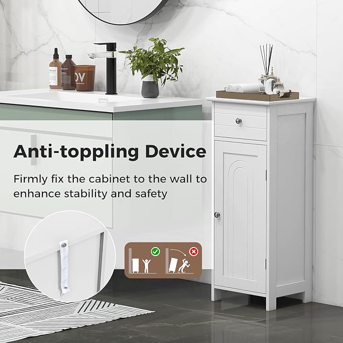 NAFORT Bathroom Floor Cabinet, Freestanding Wooden Side Storage Cabinet with Drawer & Adjustable Shelves, Slim Storage Organizer for Bathroom, Living Room, Kitchen