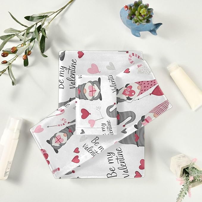 Cute Gnomes Hearts Pink Towels Set of 3 Romantic Romantic Love Spring White Bathroom Towel Soft Absorbent Bath Hand Towels Washcloth Guest Towel Sets Mother Valentine Decorations