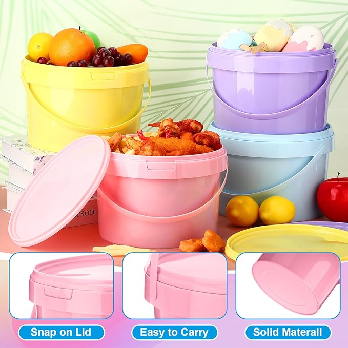8 Pack 1 Gallon Plastic Bucket with Lids and Handles Food Grade Ice Cream Buckets with Lid Reusable Colorful Multipurpose Food Storage Containers Freeze Safe Ice Cream Tubs for Kitchen