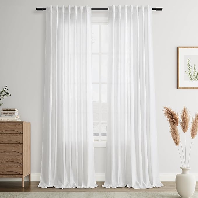 Joywell Natural White Back Tab Rod Pocket Linen Curtains 120 Inches Long 2 Panels for Living Room Bedroom Neutral Boho Farmhouse Rustic Light Filtering Semi Sheer Curtains Window Treatment 52x120