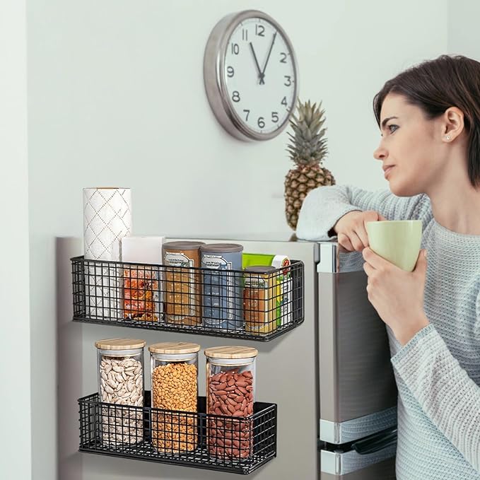 Strong Magnetic Shelf for Refrigerator - 2 Pcs Heavy Duty Metal Mesh Storage Basket Organizer,No Drill Spice Rack for Refrigerator Whiteboard Home Kitchen Office,2 Size