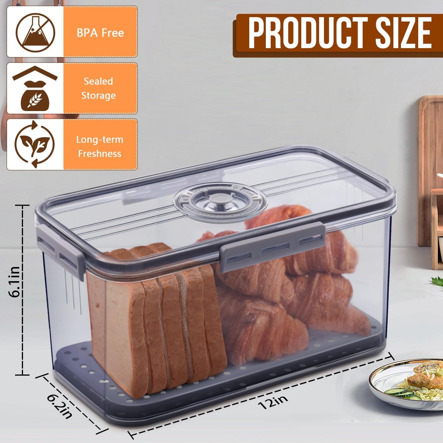Airtight Bread Box with Time Recording — Large Capacity Bread Storage Container with Lid, Bread Keeper for Homemade Bread, Toast, Bagel & Cookies, Grey
