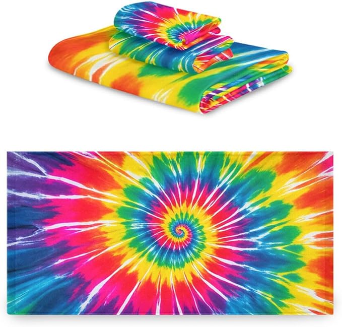 Tie Dye Towels Set of 3 Rainbow Hippie Colors Bathroom Towel Soft Absorbent Chic Abstract Swirl Bath Hand Towels Washcloth Guest Towel Sets Bathroom Decorations