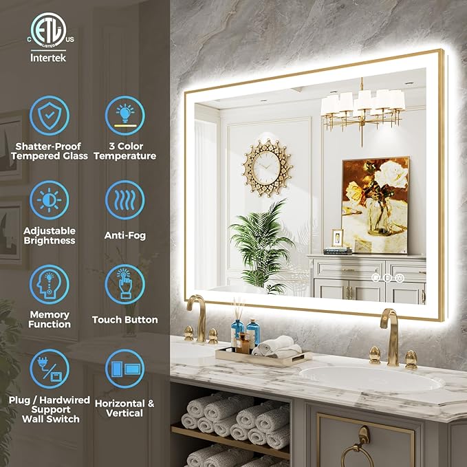 44x36 Inch LED Bathroom Mirror with Lights (Front Lit and Backlit) Gold Framed Lighted Vanity Mirror for Bathroom Wall Dimmable Anti-Fog Memory Tempered Glass Horizontal/Vertical