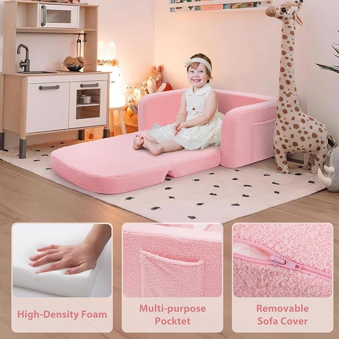 Extra Wide Kids Couch, 2-in-1 Soft Toddler Couch with Blanket, Comfy Toddler Chair, Convertible Sofa with Cute Rainbow Design, Pink