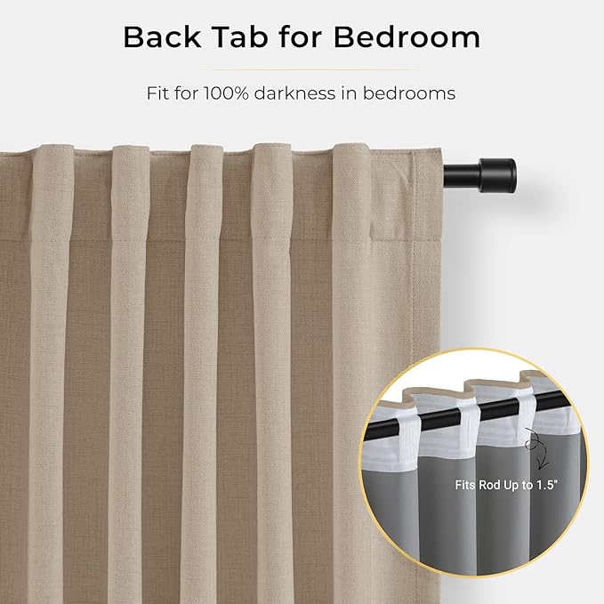 INOVADAY 100% Blackout Curtains for Bedroom, Black Out Curtains 84 Inch Long, Clip Rings Linen Blackout Drapes, Thermal Insulated Room Darkening for Living Room, 2 Panels - Burlywood Birch,W50xL84