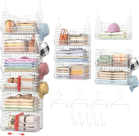 6 Tier Extra Large Hanging Closet Organizer, Closet Storage Hanging with Dividers, Wire Closet Shelf with 5 S Hooks 4 Dividers,Sweater Handbag Hat Accessory Storage Hanger,White