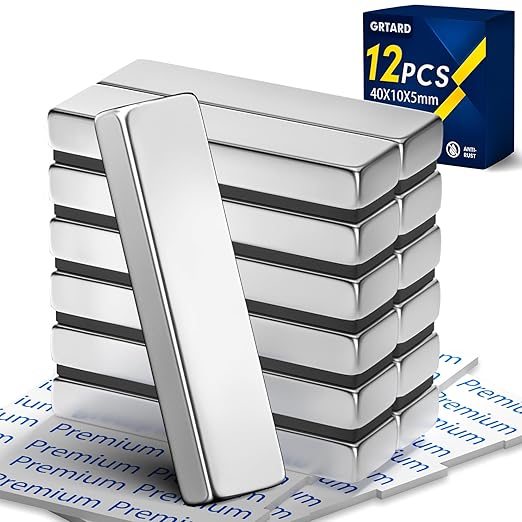 Grtard 12 Pack Neodymium Bar Magnets, Rare Earth Magnets Metal Neodymium Magnet with Double-Sided Adhesive for Fridge and Office Projects, 40x10x5mm(Silver)