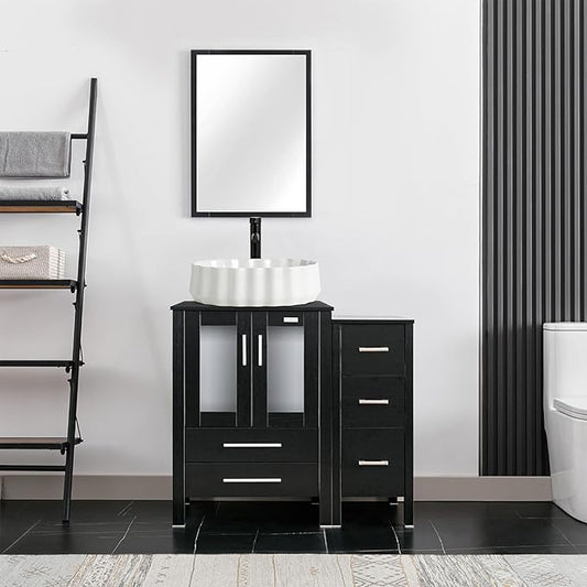 eclife 36" Modern Bathroom Vanity Sink Combo Freestanding Cabinet with Small Side Cabinet, White Shell Ceramic Vessel Sink, Water Save Faucet, Drain (Black+T54)