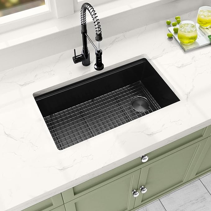 Black Undermount Kitchen Sink,16 Gauge Stainless Steel Sinks,Single Bowl Workstation Sink,Modern Kitchen Sink Offset Drain (30" X 18")