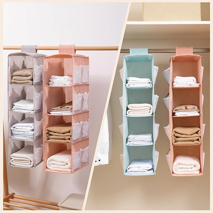 Hanging Closet Organizer, 4-Section Storage Shelves, Oxford Cloth with Mesh Pockets, (Cerulean, 2 Section)
