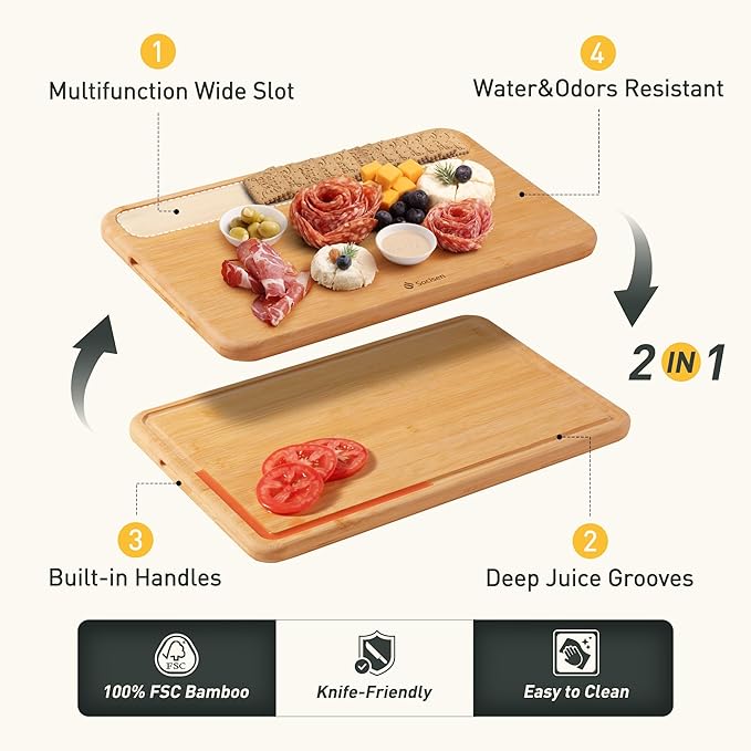 Bamboo Cutting Board Natural Non Toxic Chopping Wood Cutting Board With Juice Grooves Knife-Friendly Finish For Versatile Kitchen Use Ideal Charcuterie & Chopping Large Multi-Use New Home Must Haves