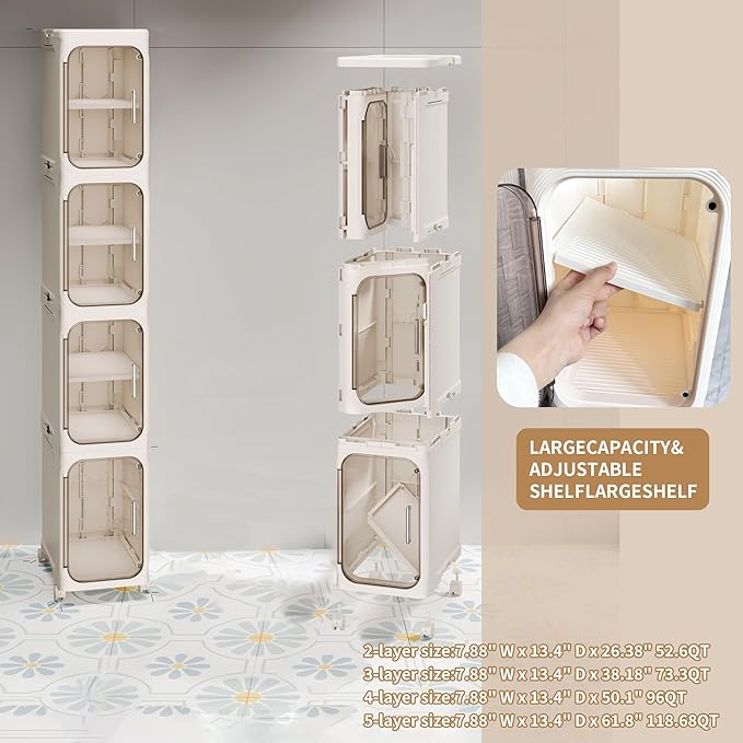 Narrow Bathroom Storage Cabinet with Wheels, 4-Tier Plastic Slim Organizer with Adjustable Shelves for Small Spaces,Bathroom, Kitchen, Milky White