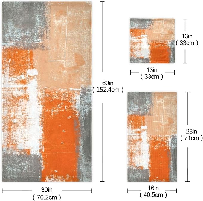 Orange Gray Ombre Bath Towels Set, 3 Piece Grey White Abstract Towels Set (1 Bath Towel, 1 Hand Towel, 1 Washcloth), Absorbent Microfiber Decorative Bathroom Towels for Fingertip, Hair, Face