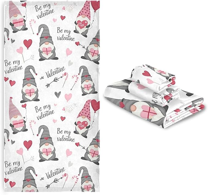 Cute Gnomes Hearts Pink Towels Set of 3 Romantic Romantic Love Spring White Bathroom Towel Soft Absorbent Bath Hand Towels Washcloth Guest Towel Sets Mother Valentine Decorations