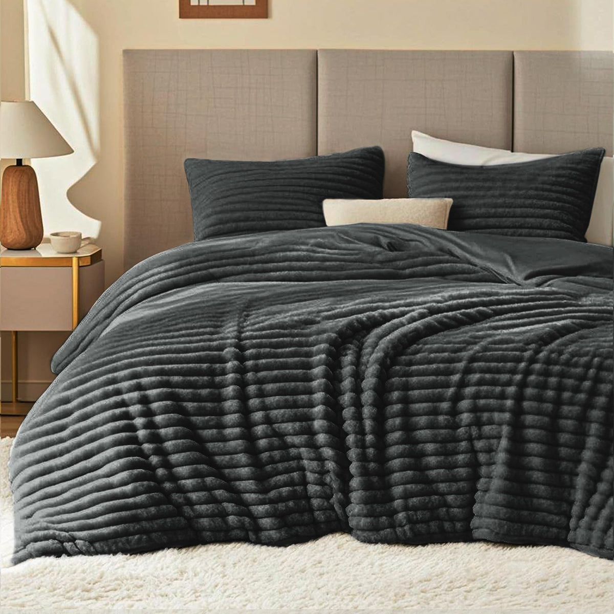 Fluffy Comforter Set King Size,3 Pieces Bed Set,Dark Grey - Image 1