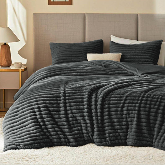 Fluffy Comforter Set King Size,3 Pieces Bed Set,Dark Grey - Image 1