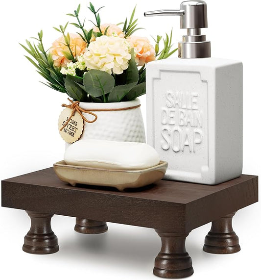 EOSAHR Decorative Wood Riser for Room Decor : Modern Farmhouse Pedestal Stand For Display Your Home Decoration and Soap Stand - Retro Wooden Tray for Bathroom and Kitchen Counter Decor (Rustic Brown)