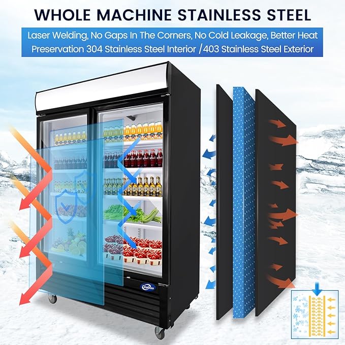 49 Cu.Ft Commercial Refrigerator, 54" Display Merchandiser, 2 Glass Door Reach-in Upright Beverage, Black Upright Fridge Cooler with LED Lighting for Restaurant Kitchen, Black
