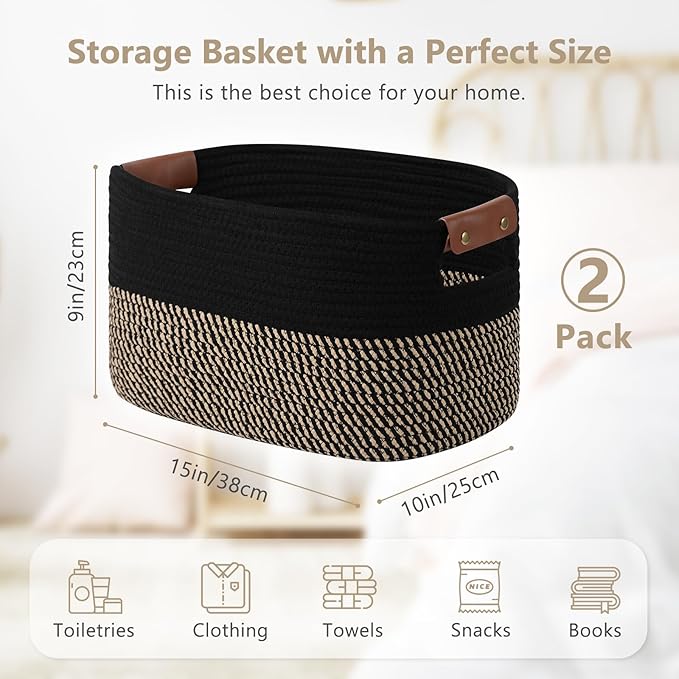 Cotton Rope Basket, Storage Baskets with Handle, 15x10x9 Inch Woven Basket for Shelves, Laundry, Towels, Clothes, Books, (Black Brown 2 Pack)