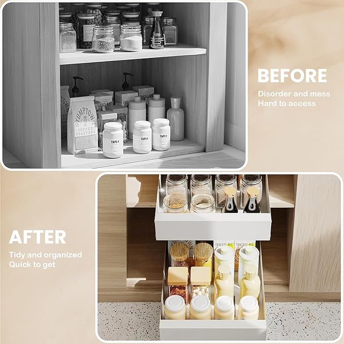 4Pack Expandable Pull-Out Cabinet Organizer 21" Deep Slide Out Drawers, Upgrade 3 Slide Rails, Adjustable Width 12.4”-20.4”, With Screws and Nano Film Adhesive， White